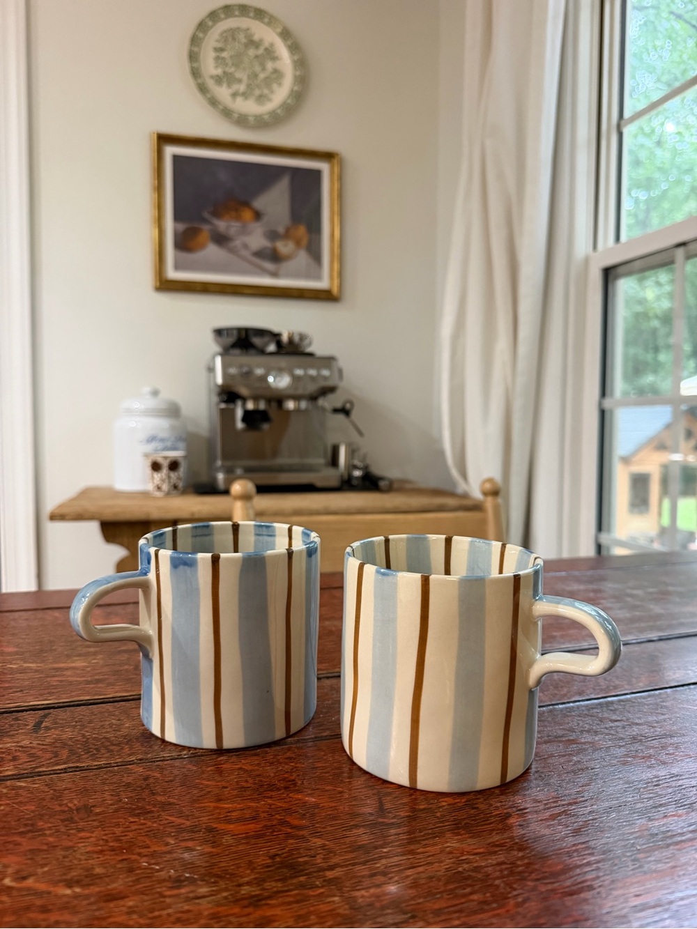 Hand-Painted Blue and Brown Stripe Ceramic Coffee Mugs - Set of 2 Anthropologie